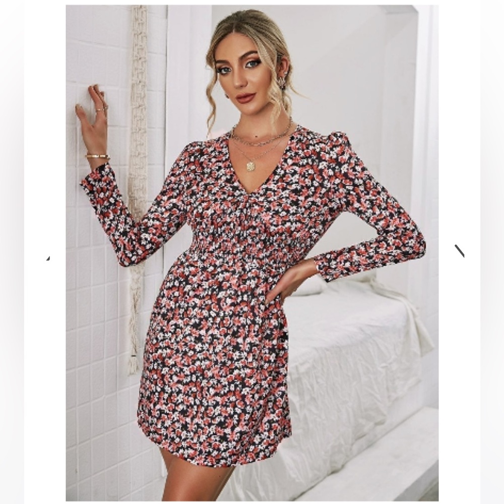Zara Roses Floral Print Long Sleeve Dress Small